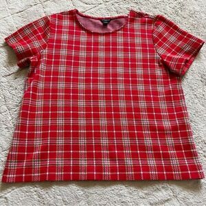 Ann Taylor Cotton Blend Plaid Knit Top Preppy Minimalist Cottage‎ Coquette Sz MP